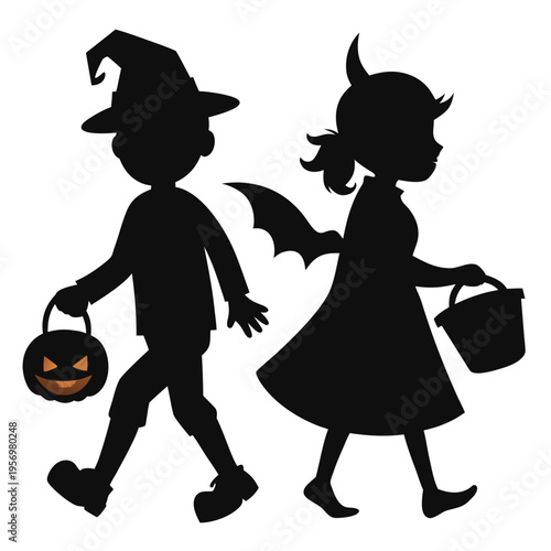 Festive silhouette featuring two kids dressed in Halloween outfits, carrying their treat bags, embodying holiday spirit.