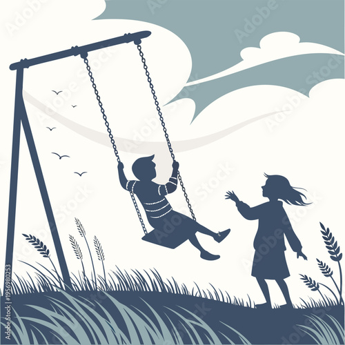 Detailed silhouette of two happy kids enjoying a swing set, with one actively engaged, depicting youthful exuberance.