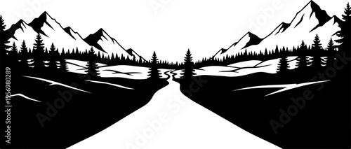 Vector mountain landscape silhouette, black and white scenery