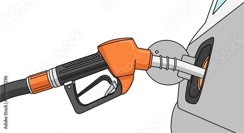 A close-up view of an orange and black fuel pump nozzle being inserted into the gas tank of a grey car for refueling.
