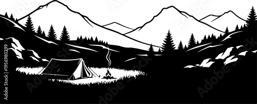 Black and white vector illustration of camping scene with tent and mountains