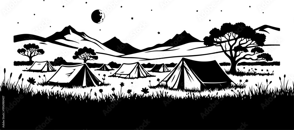 Obraz premium Vector illustration of a black and white camping scene with tents and mountains