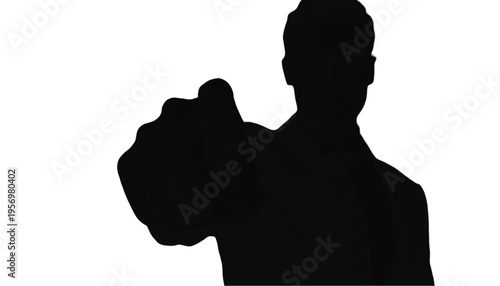 Person silhouette pointing directly at the camera, symbolizing accusation, selection, or an important call.