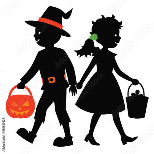 Atmospheric silhouette of two young kids in Halloween costumes, holding bags, capturing the magic of the holiday.