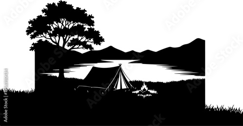 Vector silhouette camping scene with tent and tree