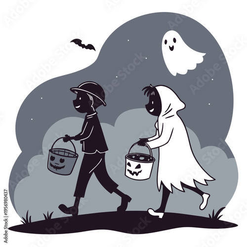 Charming silhouette of two children in traditional Halloween costumes, with bags ready for collecting treats.