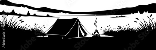 Black and white vector illustration of camping tent by lake