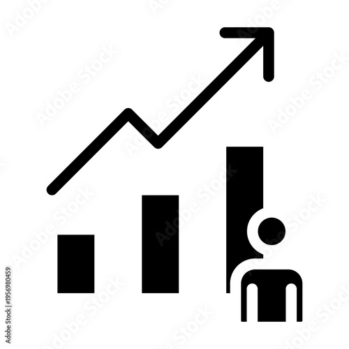 Solid Icon of a bar chart with an upward arrow and a person representing professional growth