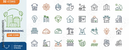 Green Building Line Icon Sheet A Comprehensive Vector Icon Sheet for Sustainable Architecture and Eco-Friendly Design