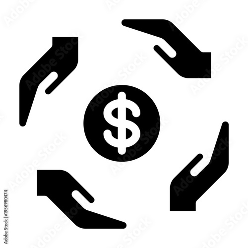 Solid Icon of hands surrounding a dollar sign representing global sharing and cloud accessibility