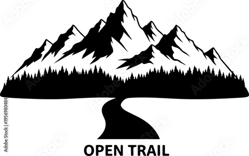 Vector mountain landscape icon with road and trees