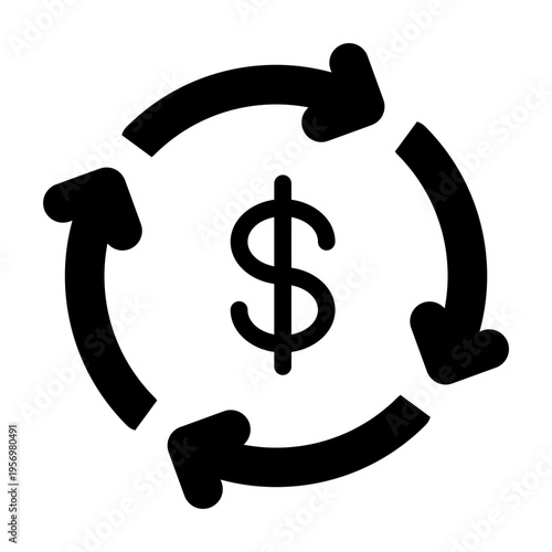 Solid Icon of a dollar sign with circular arrows representing financial synergy and recycling of capital