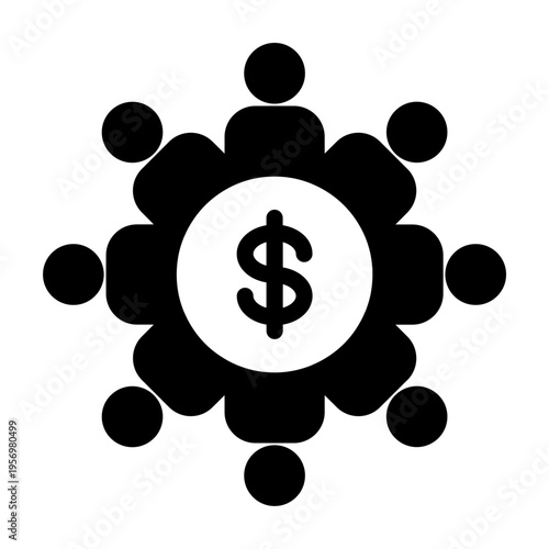 Solid Icon of persons surrounding a dollar sign representing financial teamwork and collective investment