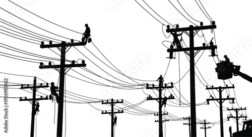 Silhouettes of workers repairing utility poles and power lines against a white background 1