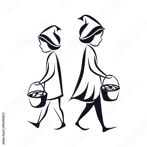 Playful Kids Silhouette in Halloween Costumes Carrying Trick-or-Treat Bags for Spooky Autumn Celebrations