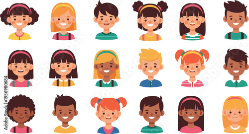diverse kids avatars collection, multicultural children faces, cartoon character set, cute boys girls portraits, flat design, diversity concept, smiling kids, inclusive illustration pack
