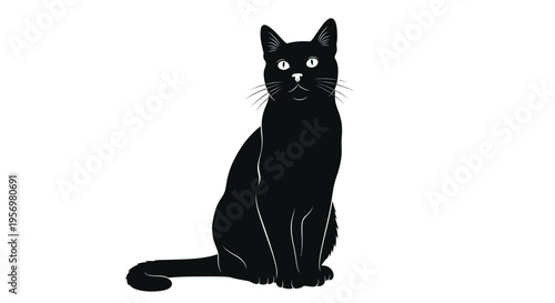 A striking black cat sits attentively facing forward in a simple design
