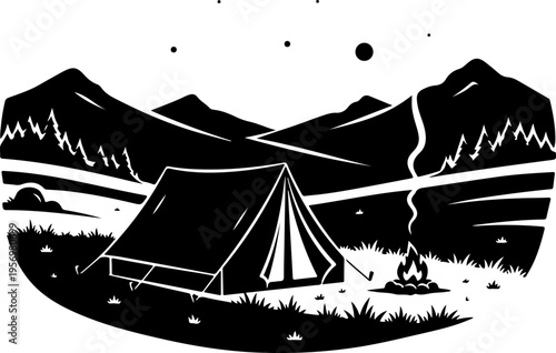 Vector camping tent icon with mountain landscape