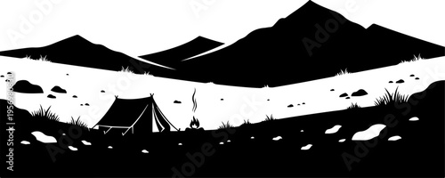 Vector mountain landscape silhouette with tent