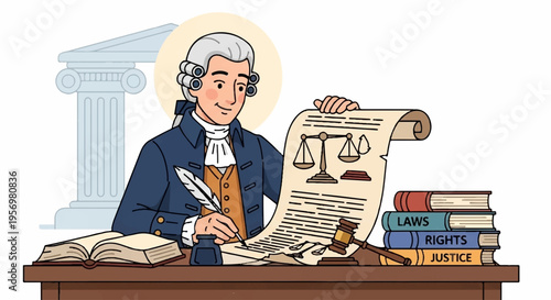 Judge or lawyer working on legal document at desk with books