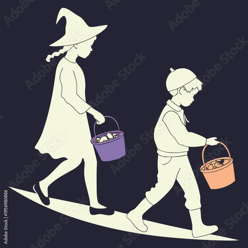Two Kids Silhouette in Festive Halloween Costumes Walking with Candy Bags for a Spooky Night of Celebration