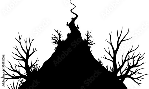 Black silhouette of a volcano with trees vector