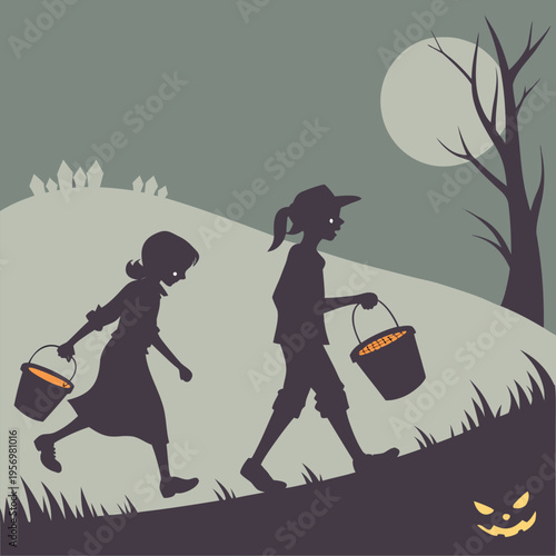 Dynamic Silhouette of Two Children in Halloween Costumes Walking Together for Trick-or-Treat Adventure