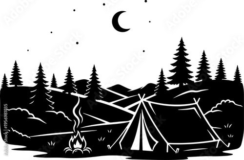 Vector camping landscape illustration with tent and campfire