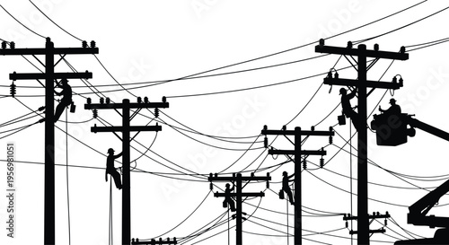 Silhouettes of workers repairing utility poles and power lines against a white background