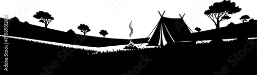 Black silhouette landscape with tent and trees vector