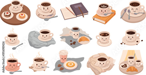 Cute Coffee and Dessert Cartoon Illustration Set Featuring Kawaii Cups Croissants Books and Cozy Morning Scenes in Flat Vector Style for Cafe Branding Stickers and Creative Design Projects