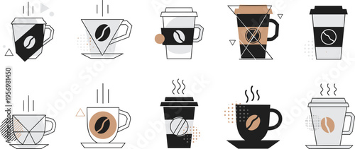 Coffee Cup Line Icon Set Featuring Takeaway Mugs Espresso Cups and Minimal Geometric Designs in Modern Outline Vector Style for Cafe Branding Menu and Creative Design Projects