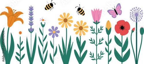 Summer garden illustration set featuring colorful flowers, insects, and backyard cottage landscape for cheerful outdoor nature clipart designs