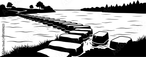 Black and white vector illustration of stepping stones in water