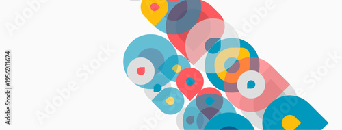 Abstract colorful circles overlap, creating dynamic visual pattern. Bright hues dominate white background. Modern design element.