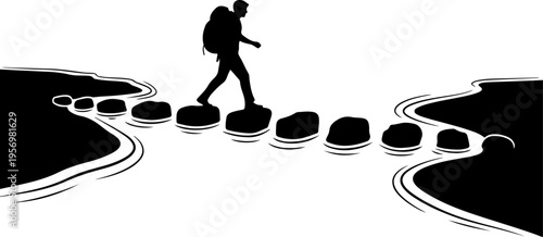 Vector silhouette of a hiker on stepping stones