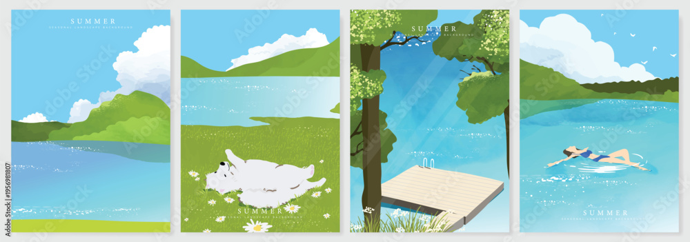 Fototapeta premium Abstract Green Summer landscape background vector set. Nature wallpaper of green field on mountain, yellow flowers, blue sky , birds, river. Watercolor illustration for cover, wall art, decoration.
