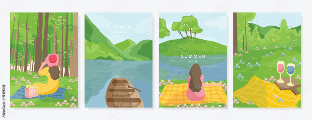 Fototapeta premium Abstract Green Summer landscape background vector set. Nature wallpaper of green field on mountain, yellow flowers, blue sky , birds, river. Watercolor illustration for cover, wall art, decoration.