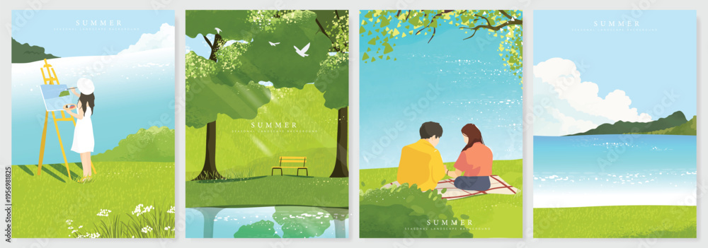 Fototapeta premium Abstract Green Summer landscape background vector set. Nature wallpaper of green field on mountain, yellow flowers, blue sky , birds, river. Watercolor illustration for cover, wall art, decoration.