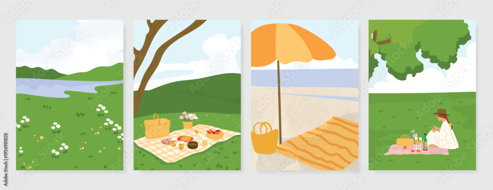 Fototapeta premium Abstract Green Summer landscape background vector set. Nature wallpaper of green field on mountain, yellow flowers, blue sky , birds, river. Watercolor illustration for cover, wall art, decoration.