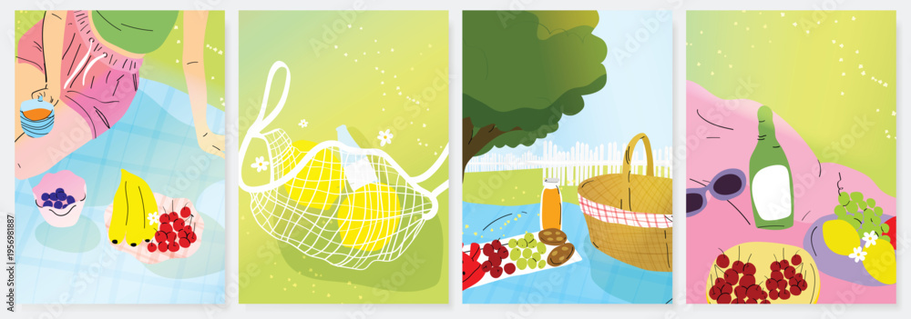 Fototapeta premium Abstract Green Summer landscape background vector set. Nature wallpaper of green field on mountain, yellow flowers, blue sky , birds, river. Watercolor illustration for cover, wall art, decoration.