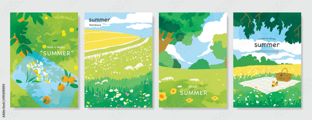 Fototapeta premium Abstract Green Summer landscape background vector set. Nature wallpaper of green field on mountain, yellow flowers, blue sky , birds, river. Watercolor illustration for cover, wall art, decoration.
