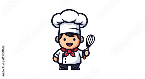 Cartoon chef holding whisk isolated on white