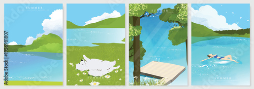 Abstract Green Summer landscape background vector set. Nature wallpaper of green field on mountain, yellow flowers, blue sky , birds, river. Watercolor illustration for cover, wall art, decoration.