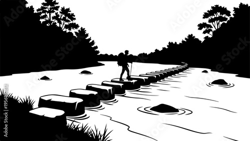 Black and white vector illustration of man crossing stepping stones