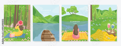 Abstract Green Summer landscape background vector set. Nature wallpaper of green field on mountain, yellow flowers, blue sky , birds, river. Watercolor illustration for cover, wall art, decoration.