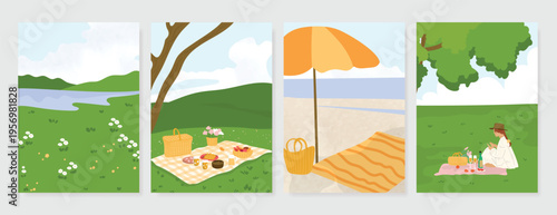 Abstract Green Summer landscape background vector set. Nature wallpaper of green field on mountain, yellow flowers, blue sky , birds, river. Watercolor illustration for cover, wall art, decoration.