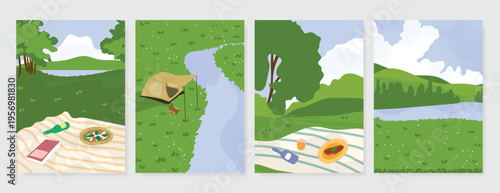 Abstract Green Summer landscape background vector set. Nature wallpaper of green field on mountain, yellow flowers, blue sky , birds, river. Watercolor illustration for cover, wall art, decoration.