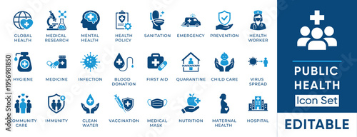 Public health icon set. Containing hospital, vaccination, emergency, hygiene, immunity, medicine, quarantine and more. Solid vector icons collection.