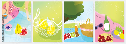 Abstract Green Summer landscape background vector set. Nature wallpaper of green field on mountain, yellow flowers, blue sky , birds, river. Watercolor illustration for cover, wall art, decoration.